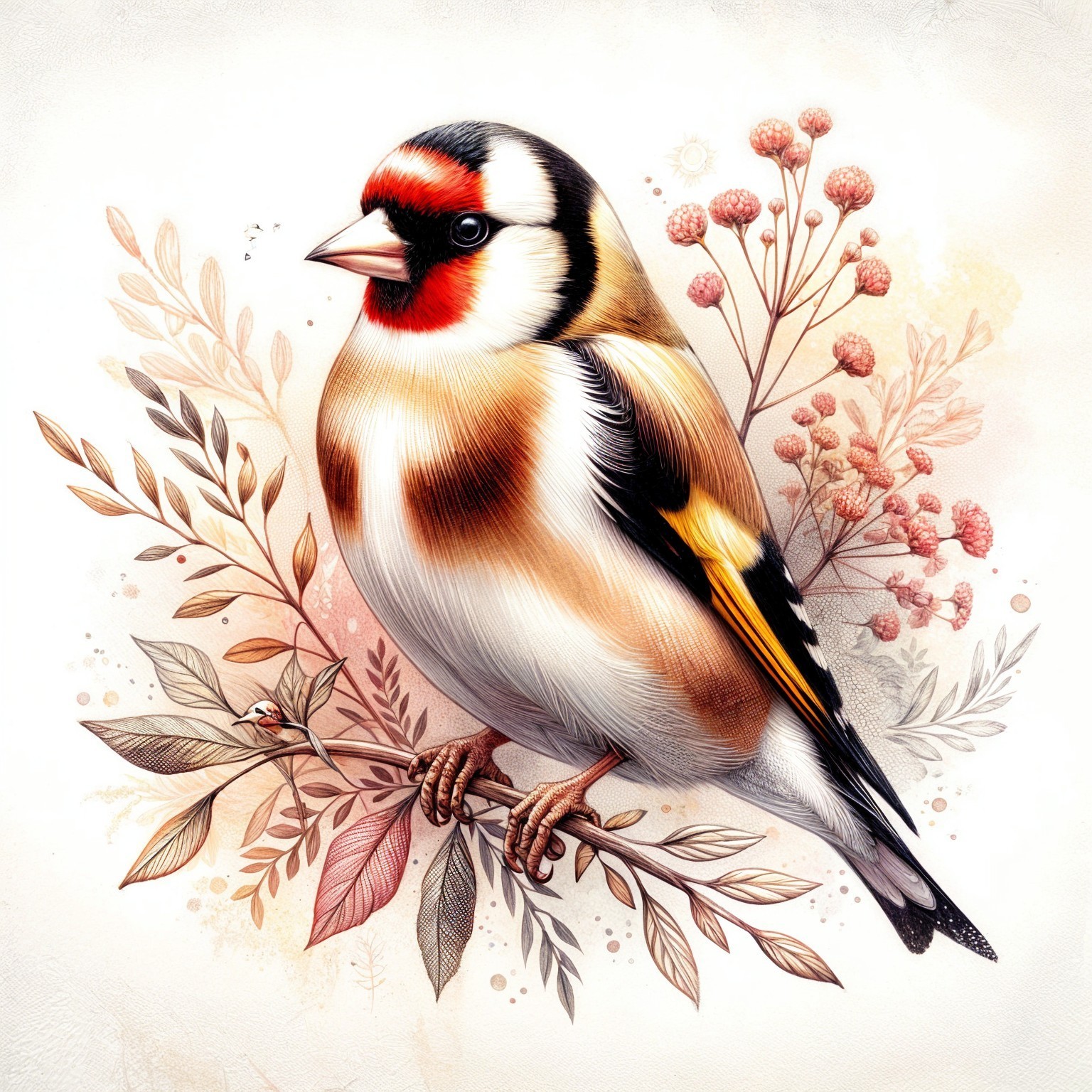 Detailed Illustration of a Goldfinch on a Branch