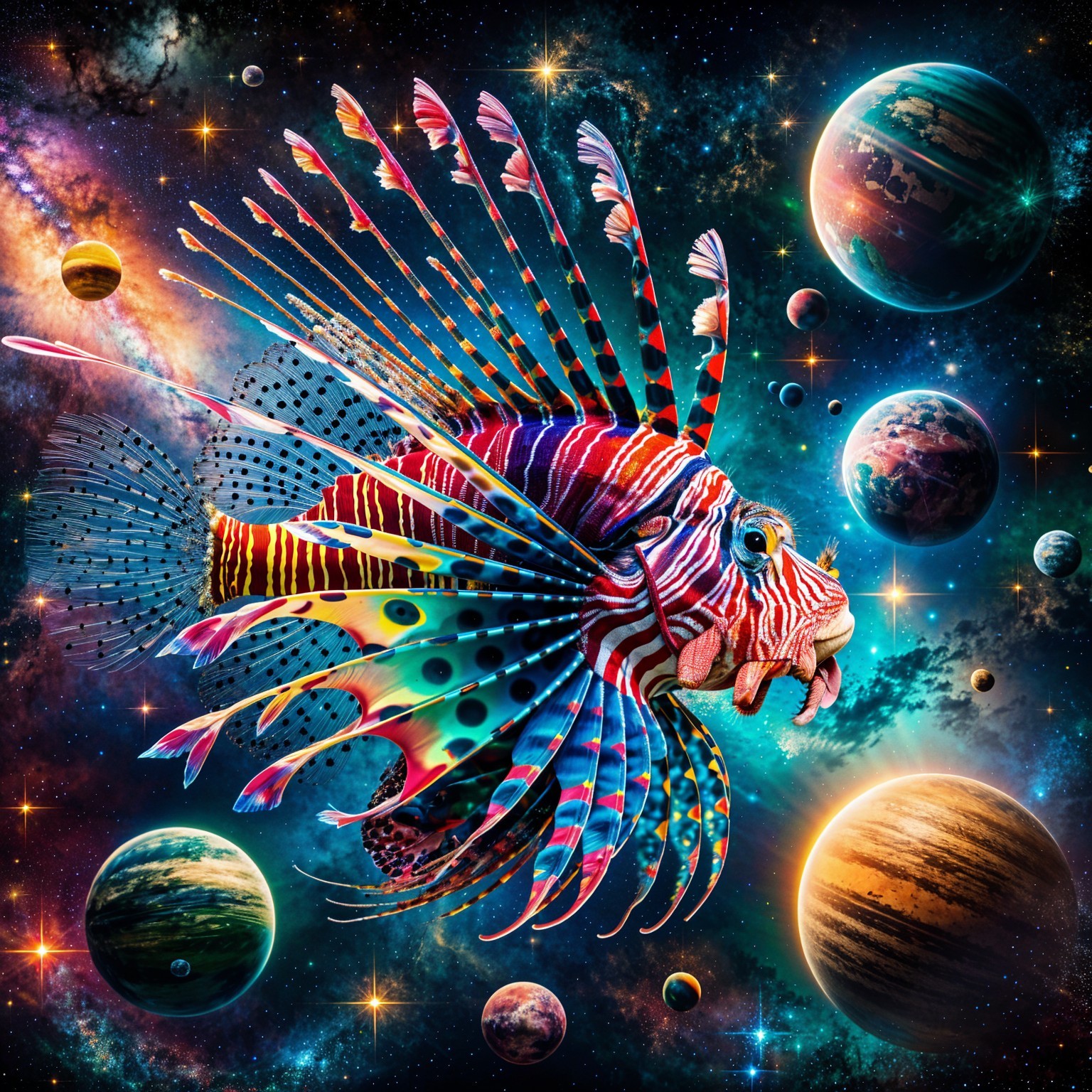 Surreal Lionfish in a Cosmic Landscape with Colors