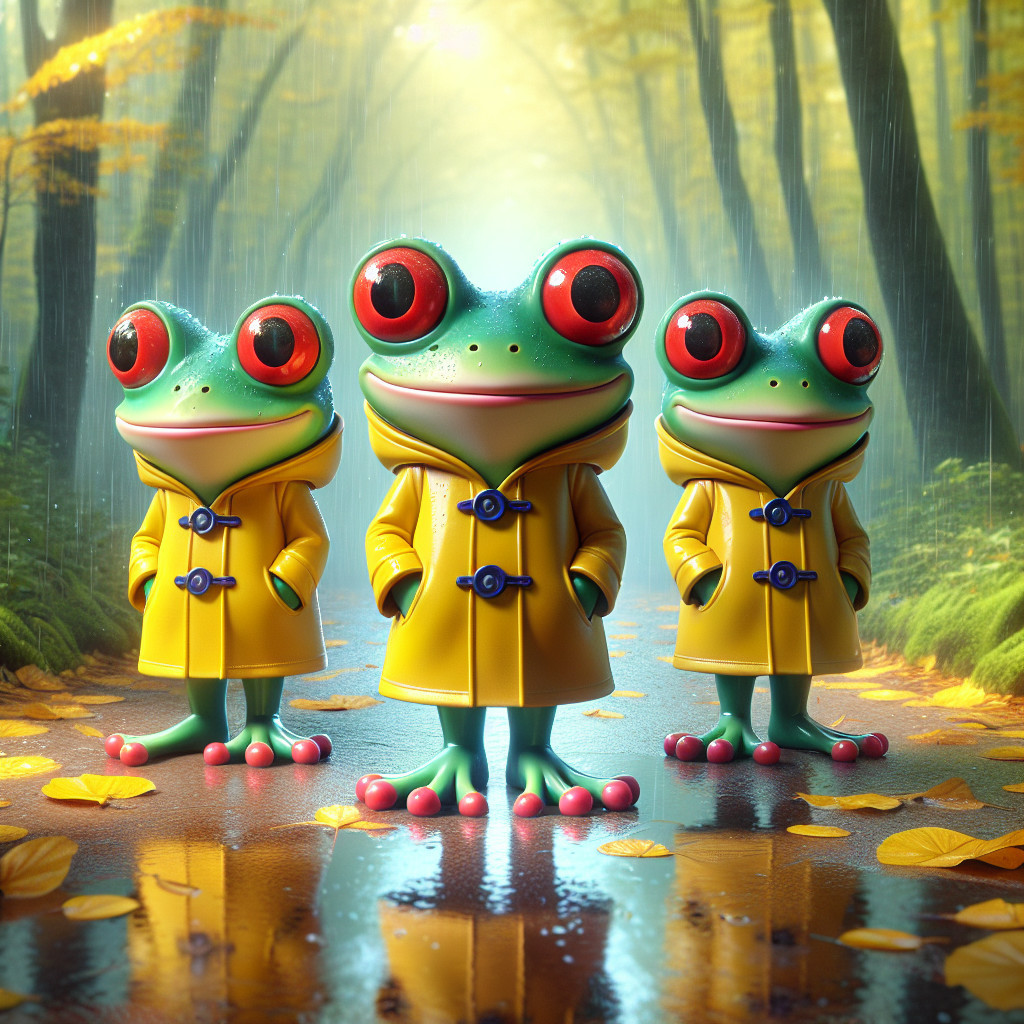 Cartoonish frogs in raincoats on a misty forest path