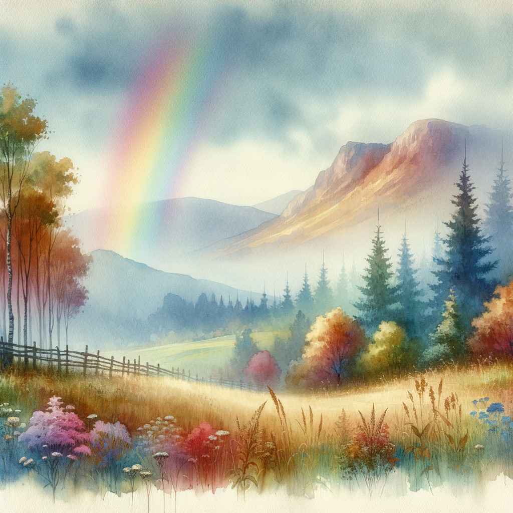 Serene Landscape with Rolling Hills and Rainbow