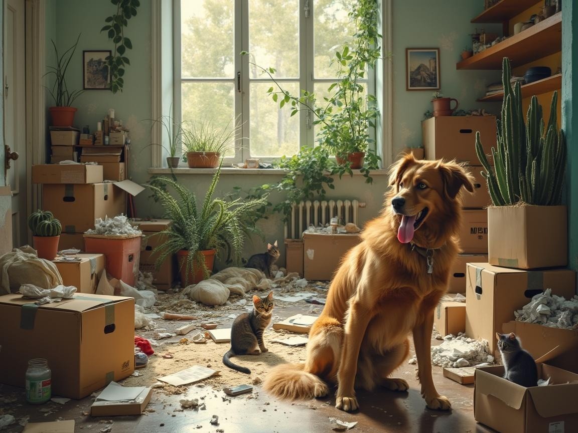Cozy Room with Moving Boxes and Playful Pets