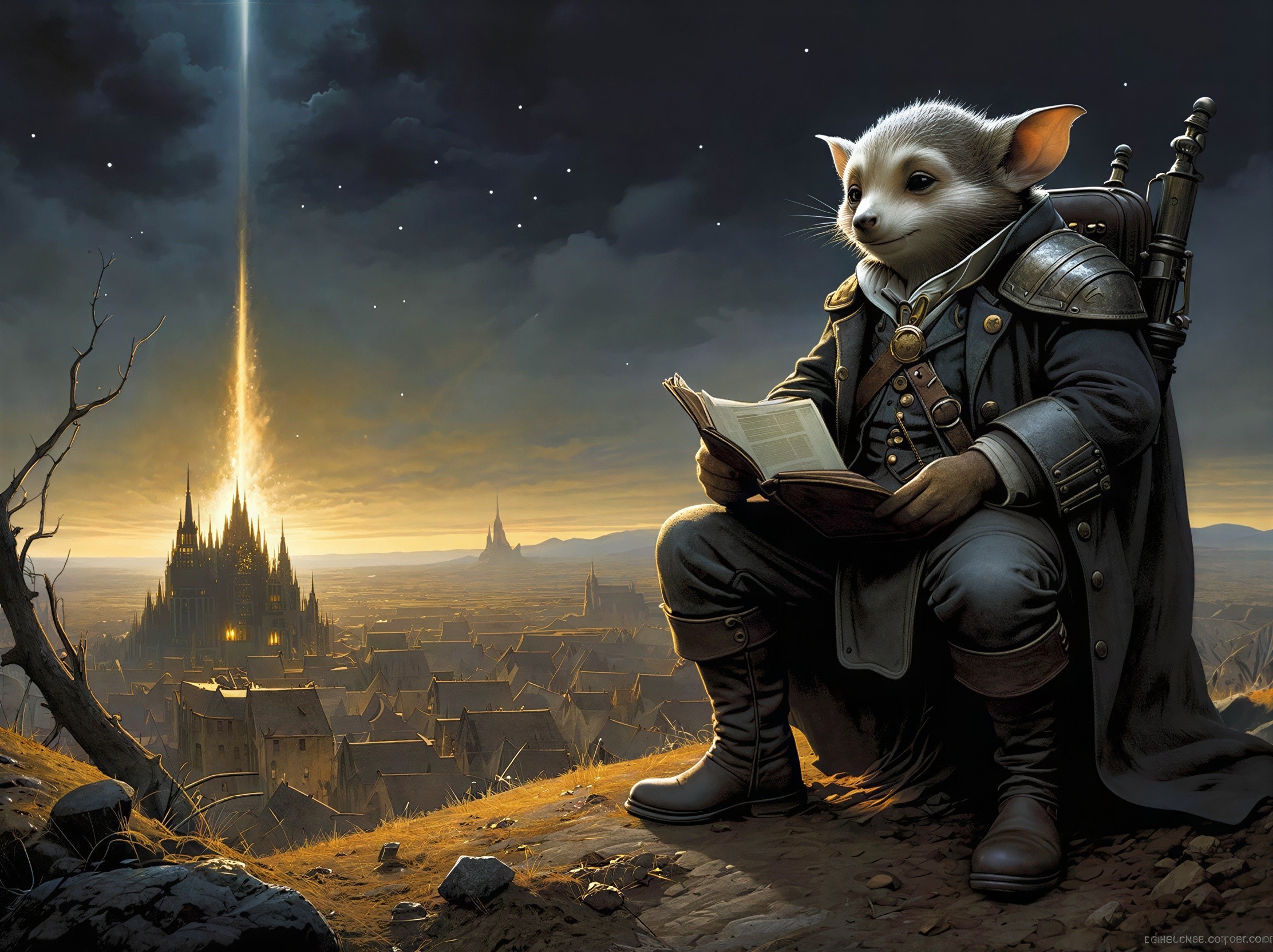 Steampunk Field Mouse Reading on a Hilltop