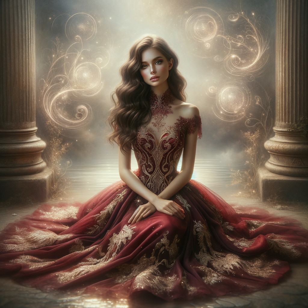 Elegant figure in ornate red and gold gown with swirls