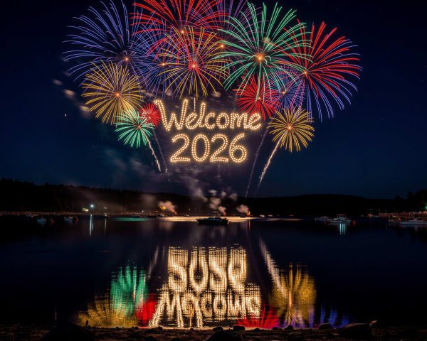 Colorful Fireworks Display Over Water Welcoming 2026