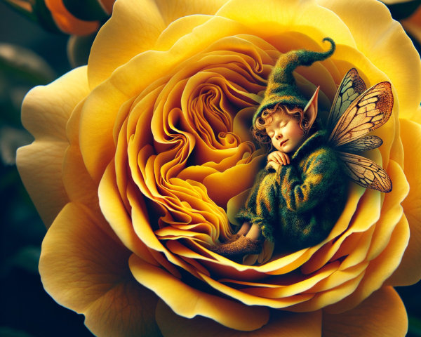 Fairy Sleeping in a Yellow Rose Petal Sanctuary
