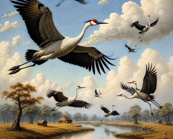 Serene Landscape with Cranes and Calm River