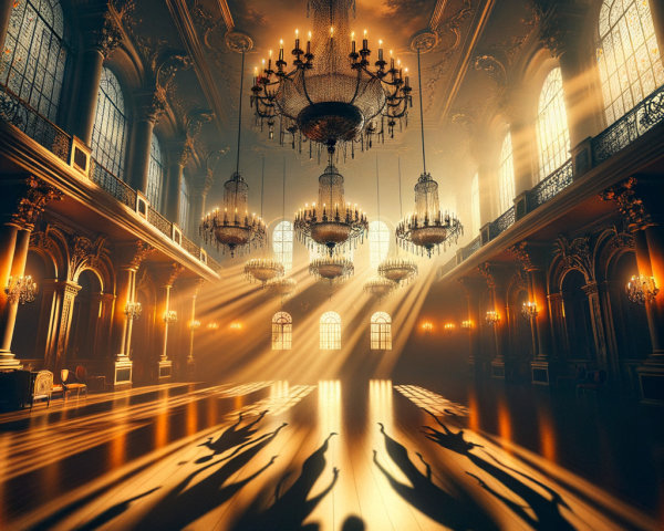 Opulent hall with golden light and elegant architecture