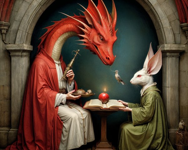 Whimsical Meeting of a Dragon and Humanoid Rabbit