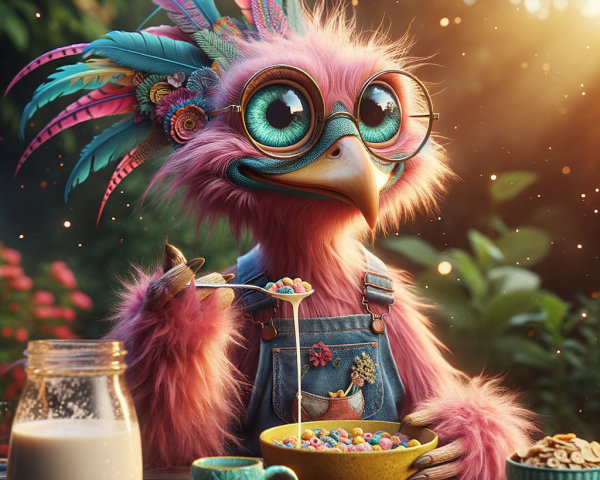 Whimsical Pink Bird with Cereal at Outdoor Table