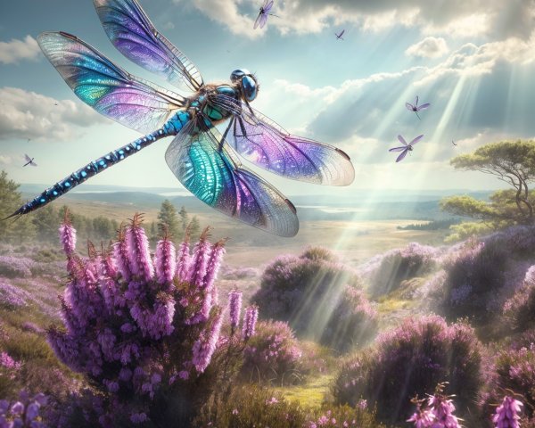 Vibrant Dragonfly Above Purple Heather Landscape