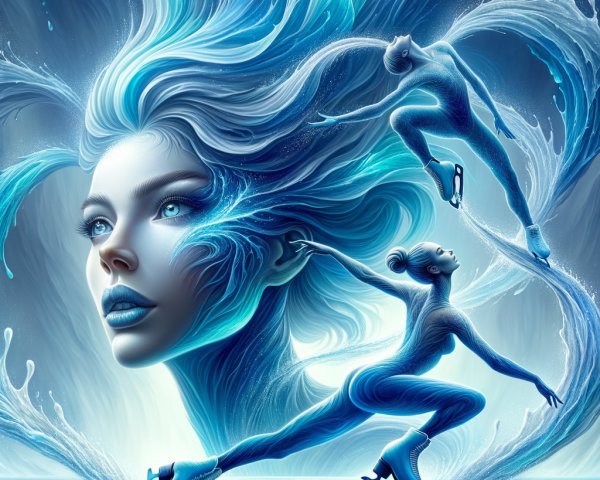 Digital Artwork of Icy Blue Woman and Ice Skaters
