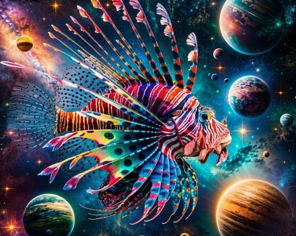 Surreal Lionfish in a Cosmic Landscape with Colors