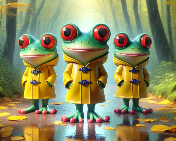 Cartoonish frogs in raincoats on a misty forest path