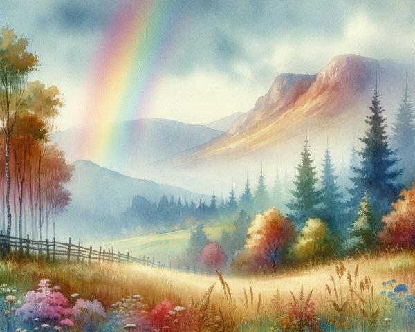 Serene Landscape with Rolling Hills and Rainbow