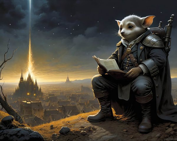 Steampunk Field Mouse Reading on a Hilltop