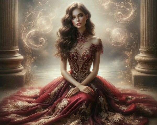 Elegant figure in ornate red and gold gown with swirls