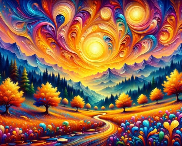 Vibrant Landscape with Colorful Sky and Nature Elements