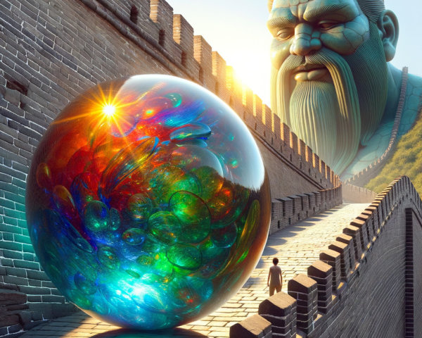 Stylized figure and orb on the Great Wall of China