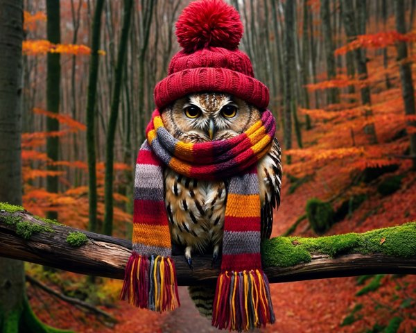 Owl in a knitted hat on a mossy branch in autumn forest