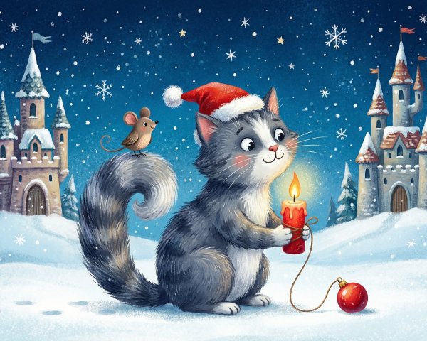 Festive Christmas Scene with Cat and Mouse Illustration