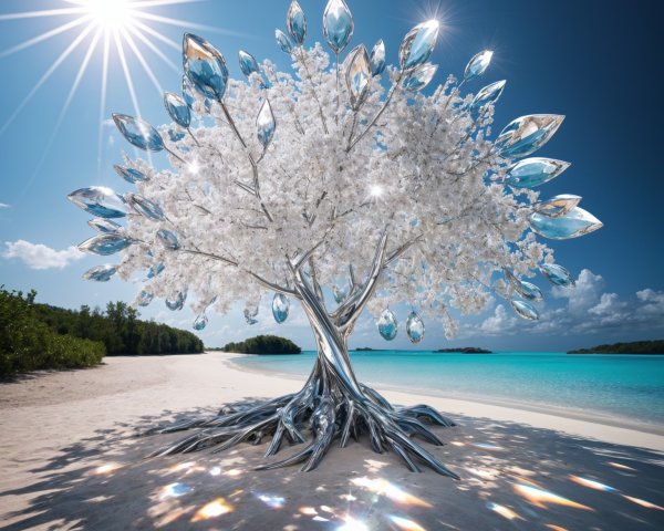 Surreal Beach Scene with Silver Tree and Turquoise Waters