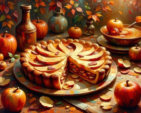 Decorated Pumpkin Pie with Autumn Decor Elements