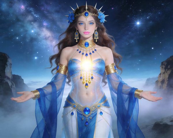 Goddess-like Woman in Ornate Gold and Sapphire Attire