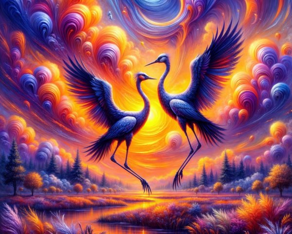 Elegant cranes soaring at sunset over tranquil waterway