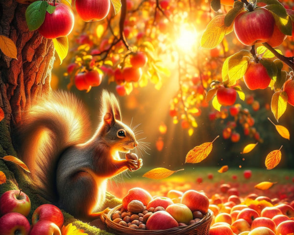 Squirrel Under Apple Tree Surrounded by Autumn Colors