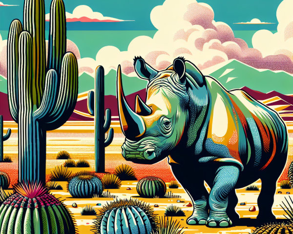Vibrant Rhinoceros in Stylized Desert Landscape