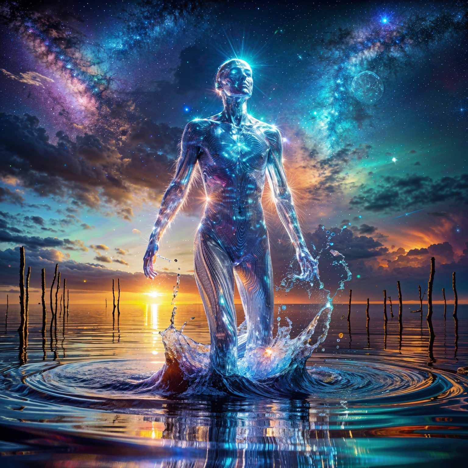 Humanoid Figure in Cosmic Landscape by Tranquil Water