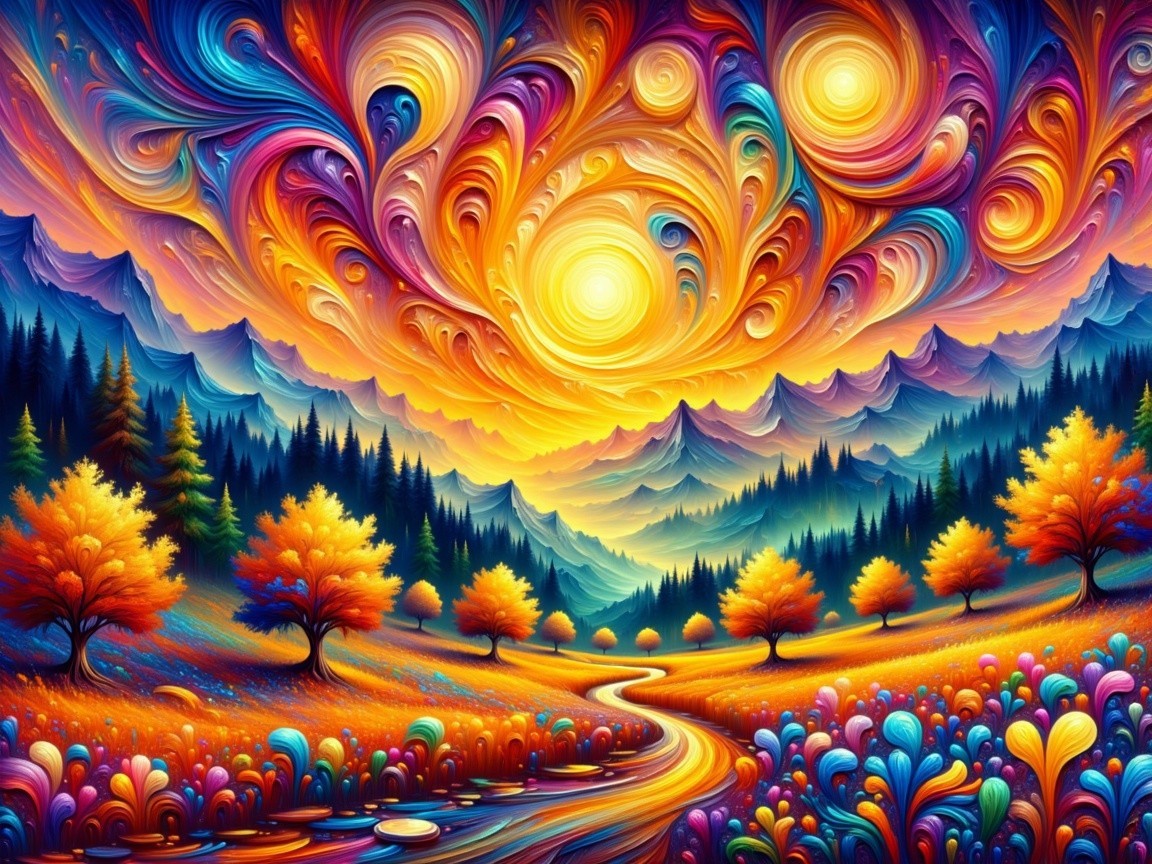 Vibrant Landscape with Colorful Sky and Nature Elements