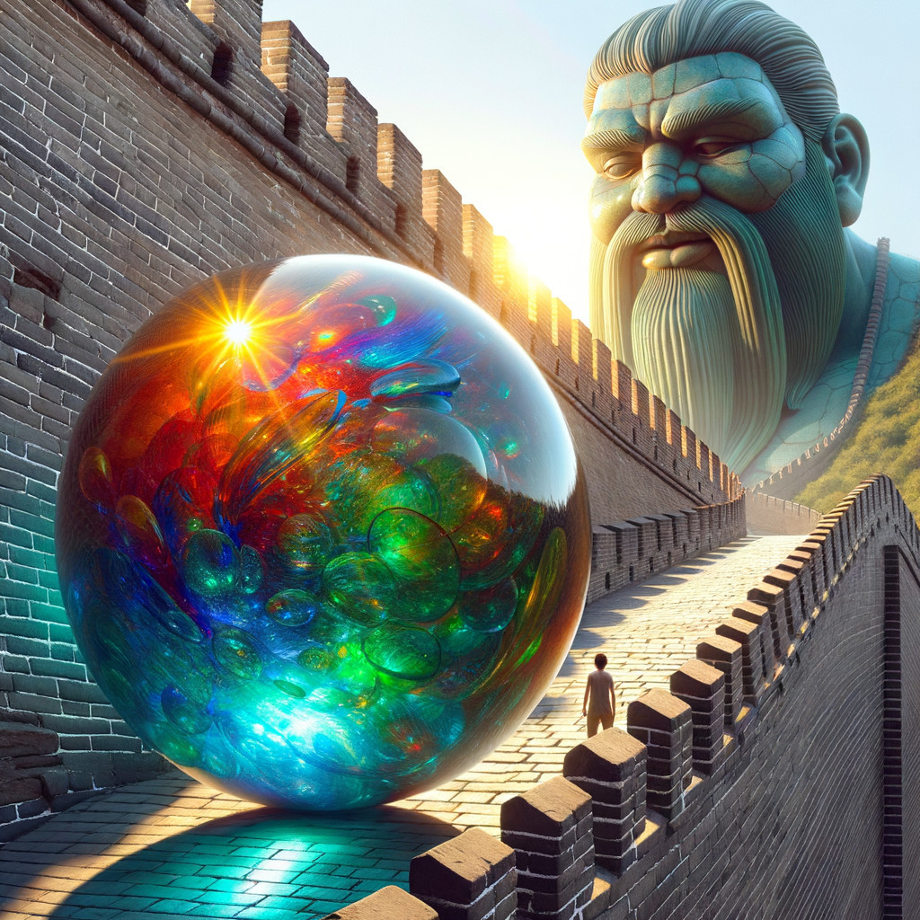 Stylized figure and orb on the Great Wall of China