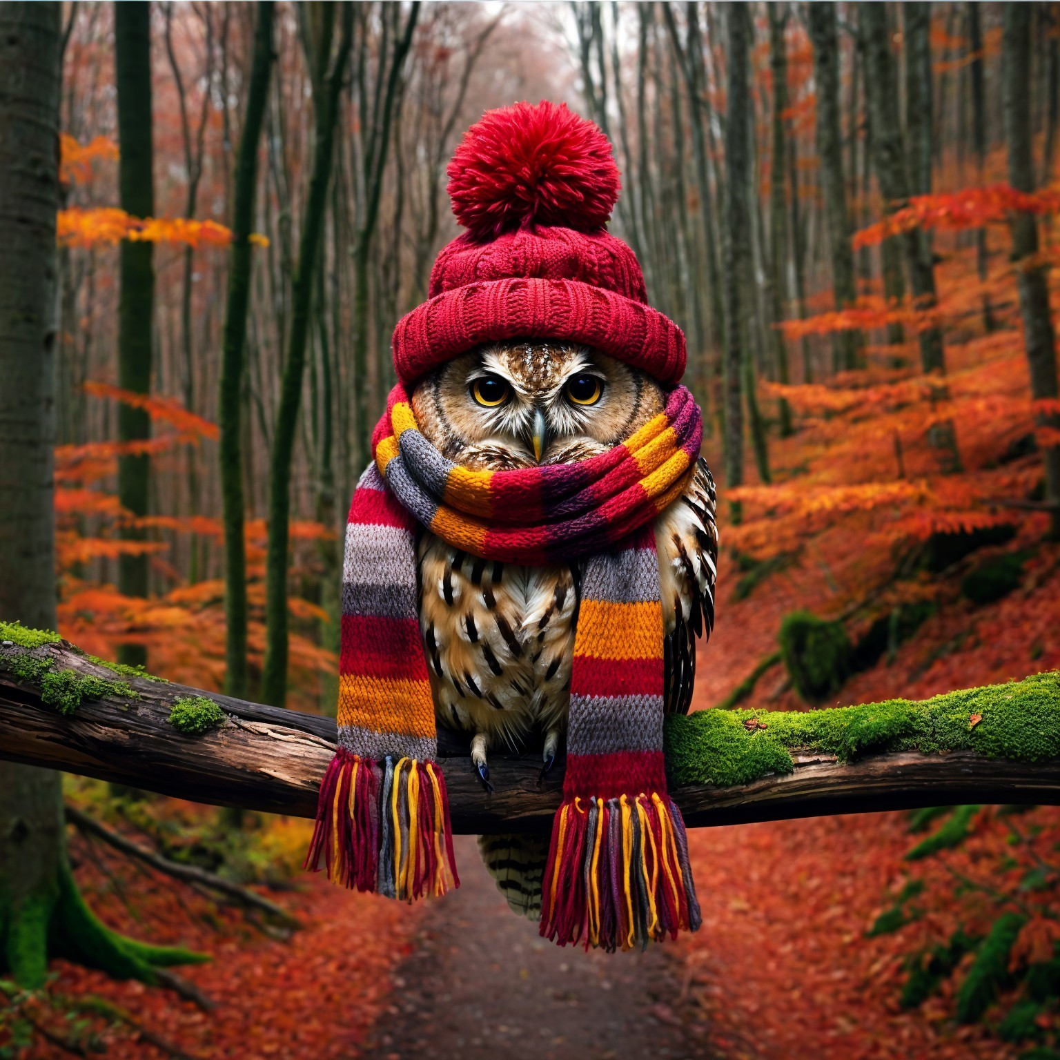 Owl in a knitted hat on a mossy branch in autumn forest