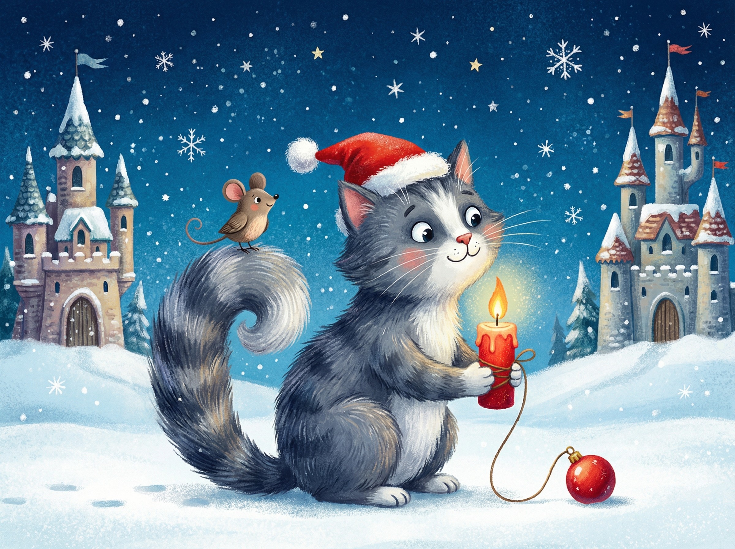 Festive Christmas Scene with Cat and Mouse Illustration