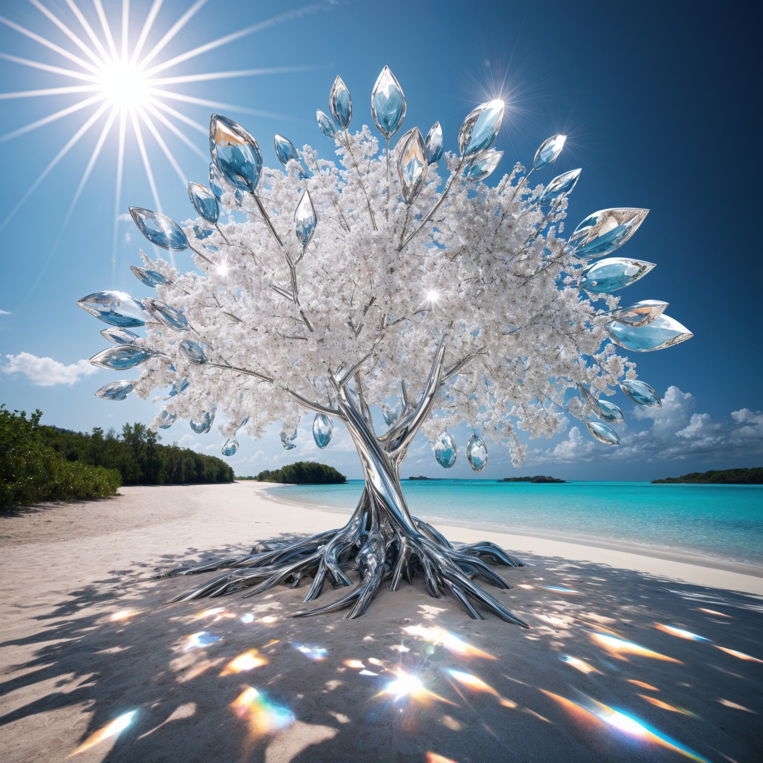 Surreal Beach Scene with Silver Tree and Turquoise Waters
