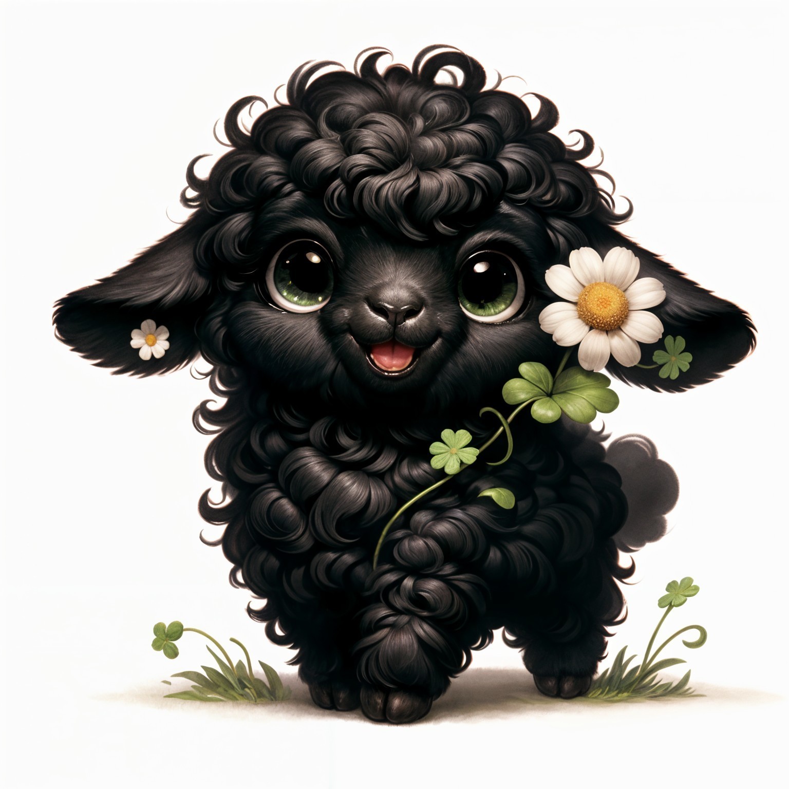 Fluffy Black Lamb with Daisy on Green Grass
