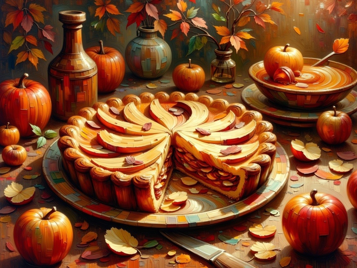 Decorated Pumpkin Pie with Autumn Decor Elements
