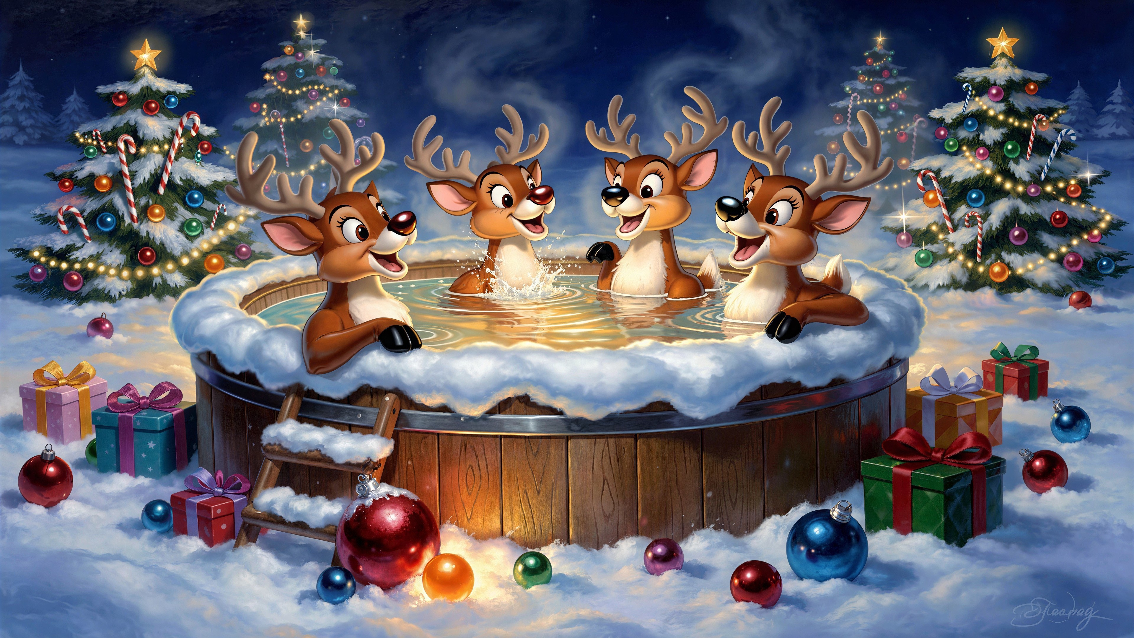 Reindeer in Hot Tub Surrounded by Snow and Ornaments