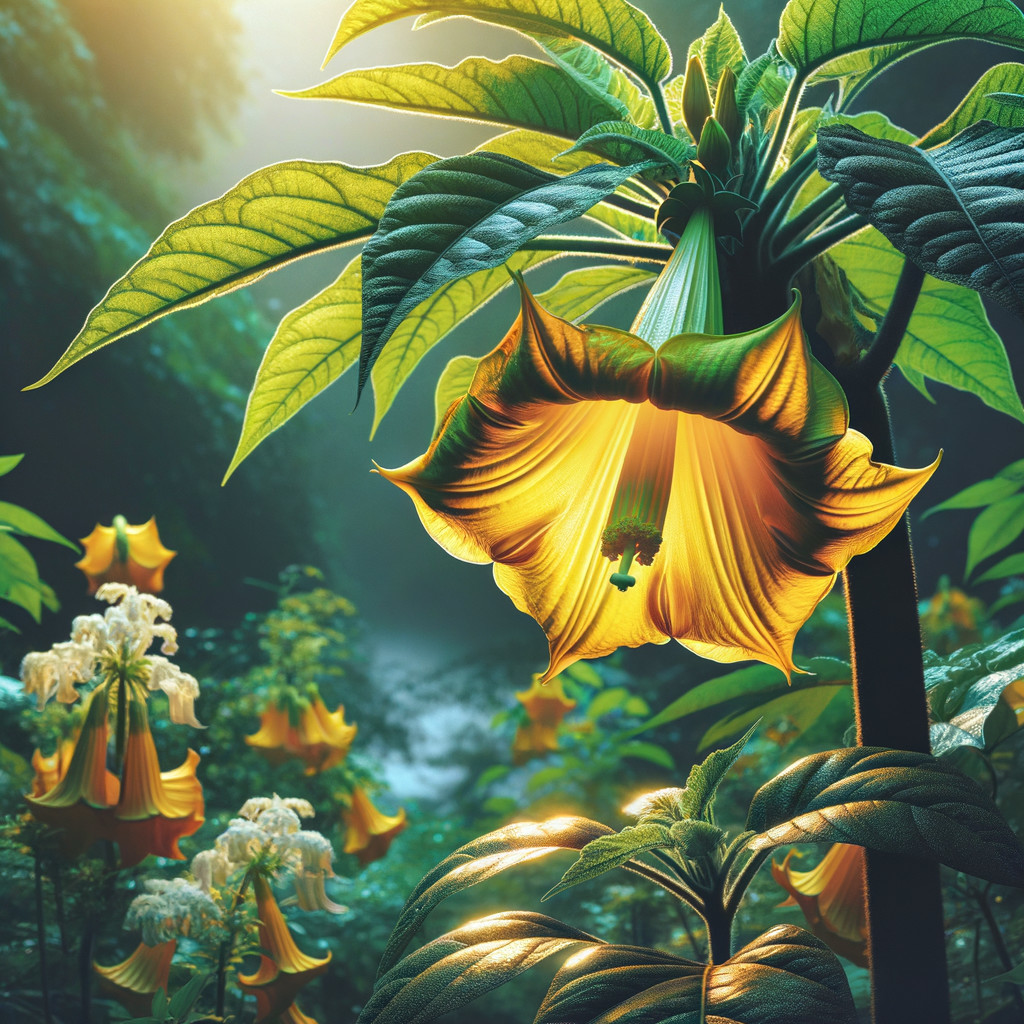 Golden Bell-Shaped Flower in Ethereal Forest Scene