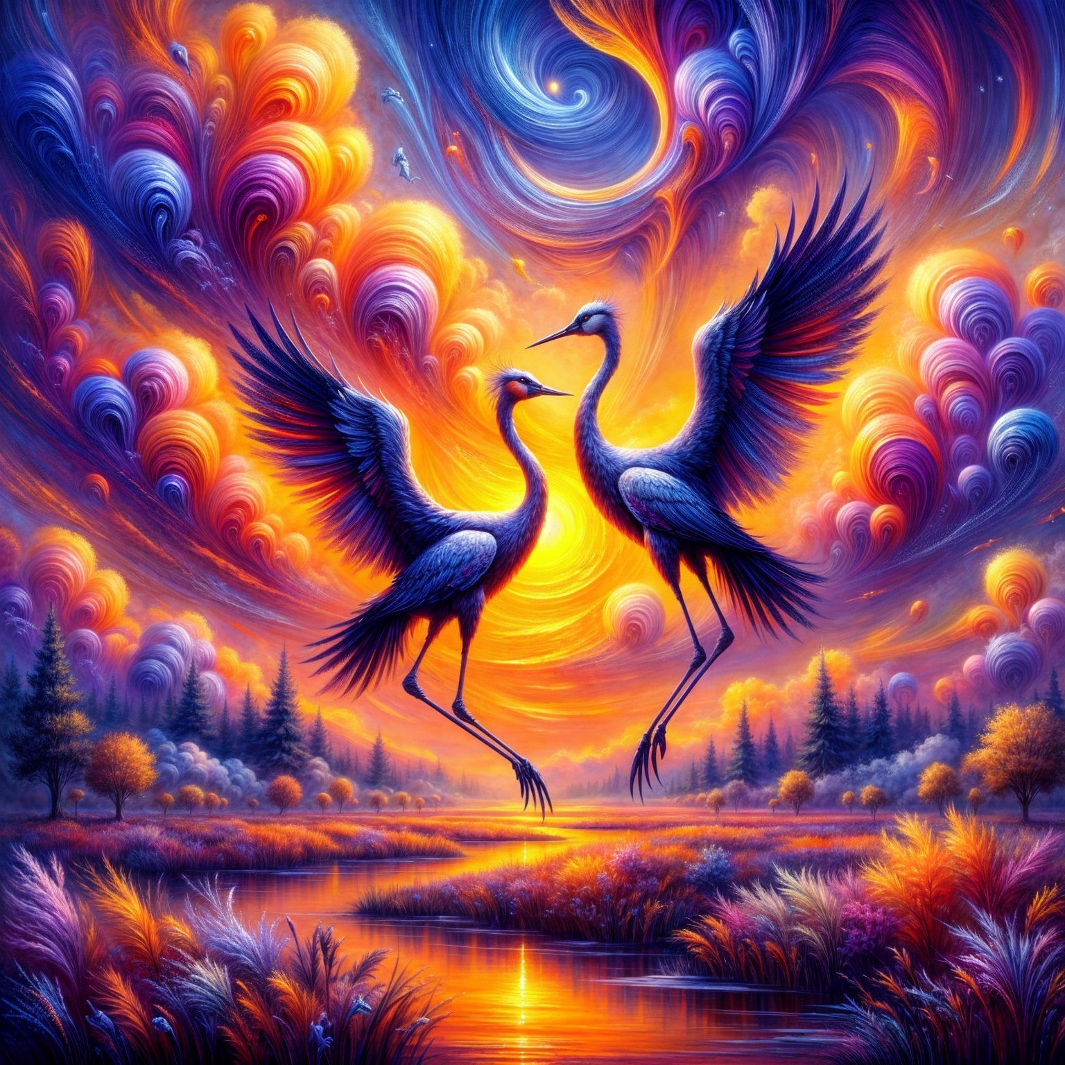 Elegant cranes soaring at sunset over tranquil waterway