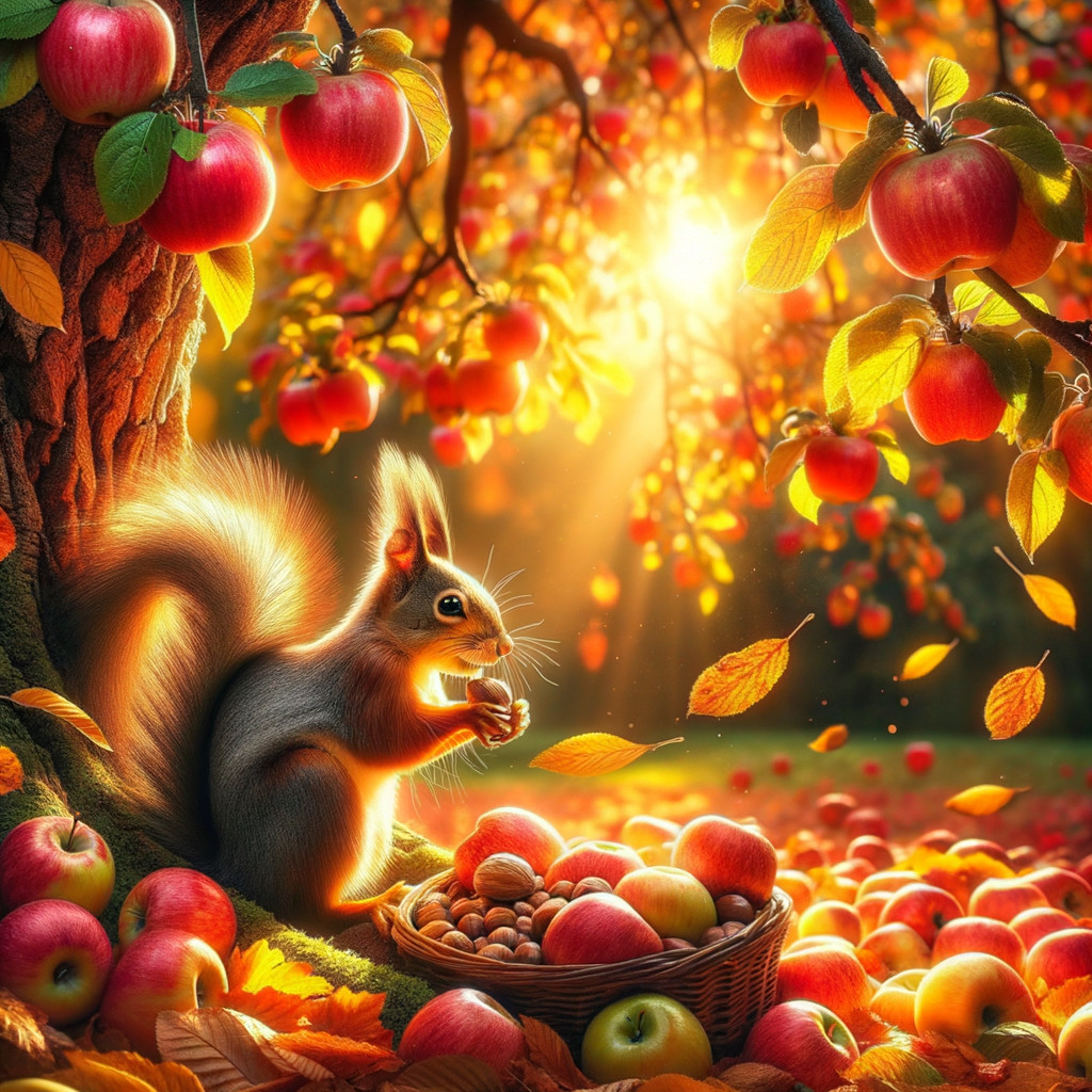 Squirrel Under Apple Tree Surrounded by Autumn Colors