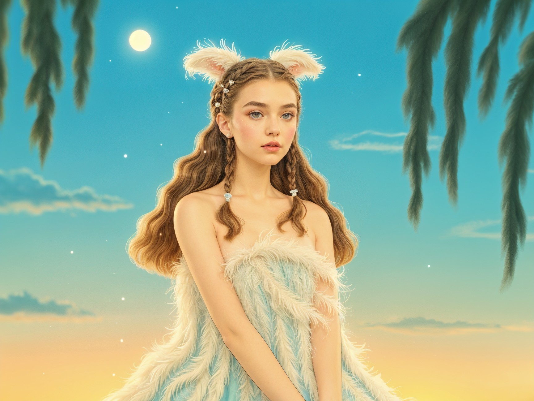 Young girl in whimsical dress against sunset sky