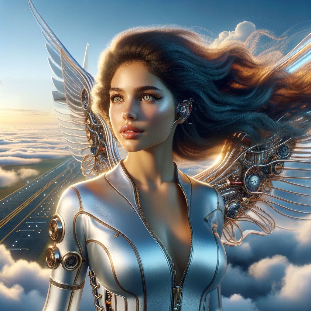 Futuristic woman with mechanical wings in a cloudscape