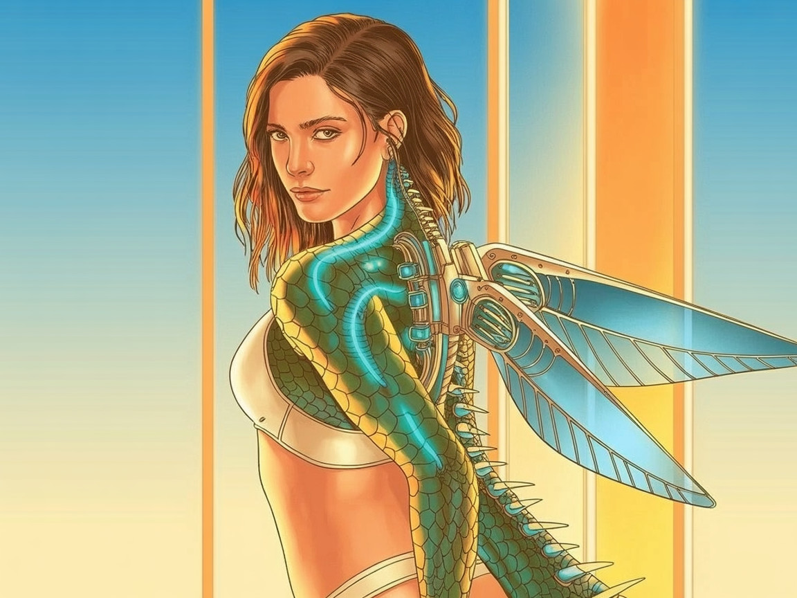 Futuristic woman with mechanical dragonfly wings