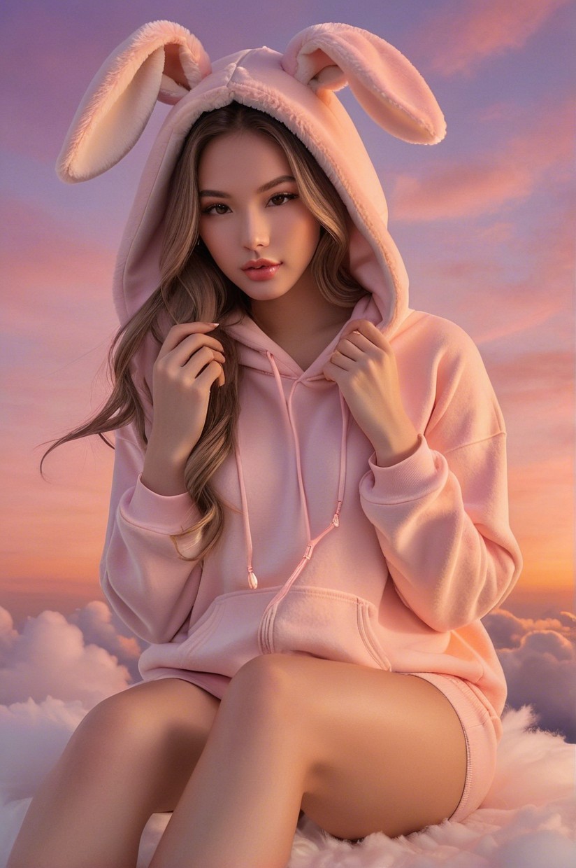 Young woman on clouds in pink bunny hoodie