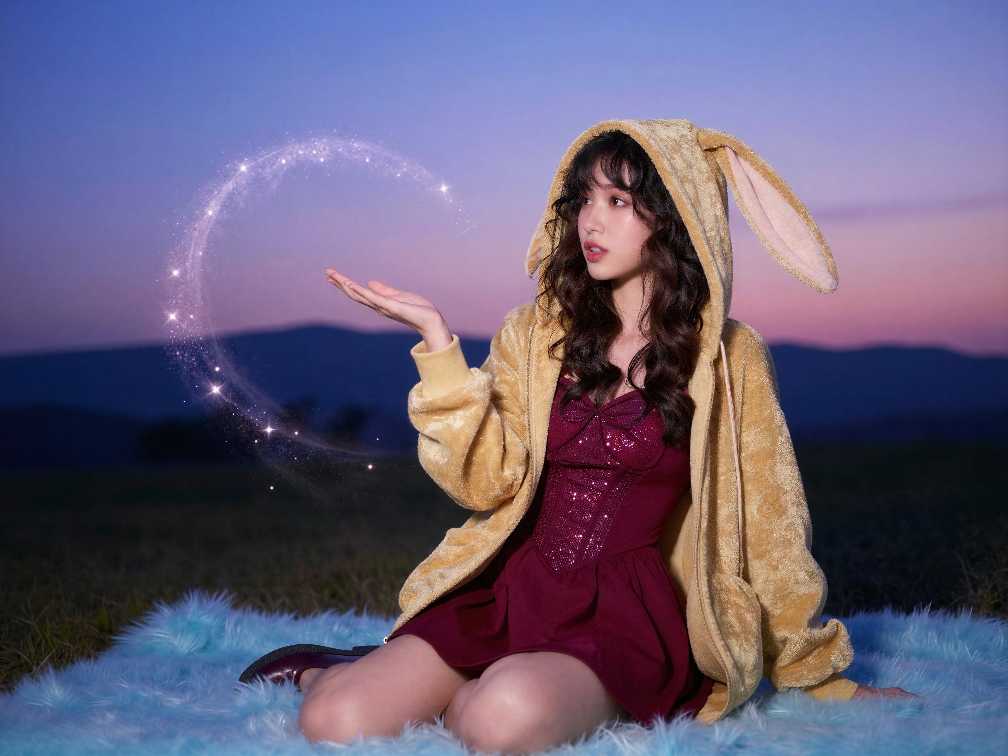 Young woman in hooded jacket on sunset field