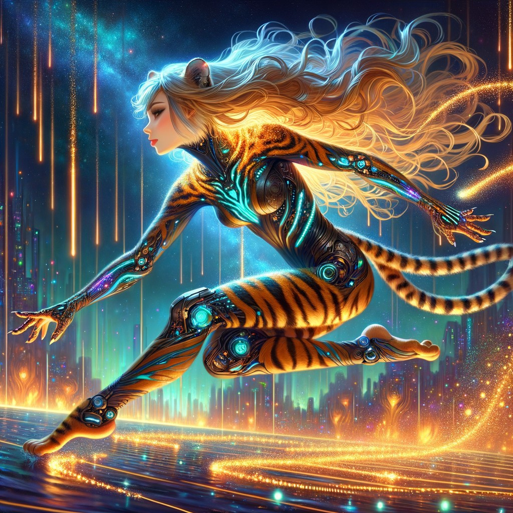 Futuristic figure with human-tiger features in cityscape