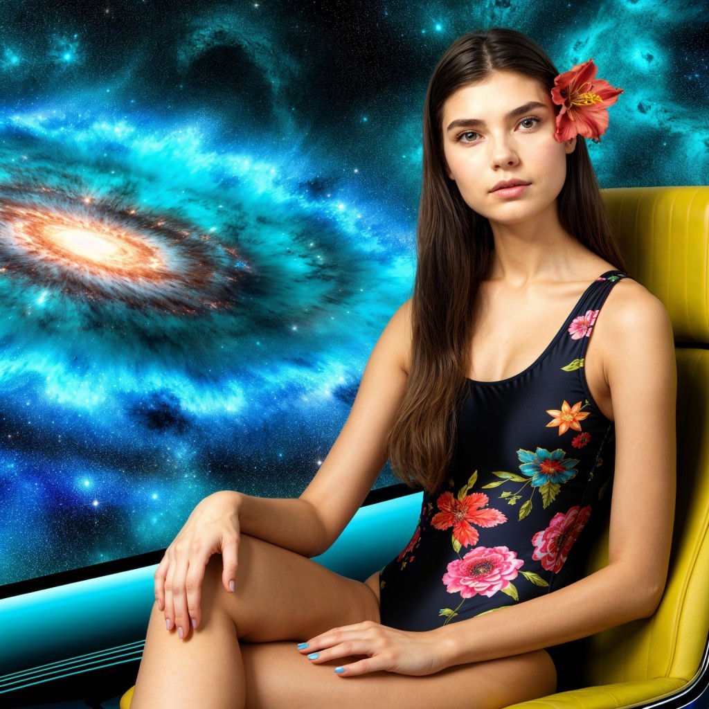 Young woman in floral swimsuit against cosmic backdrop