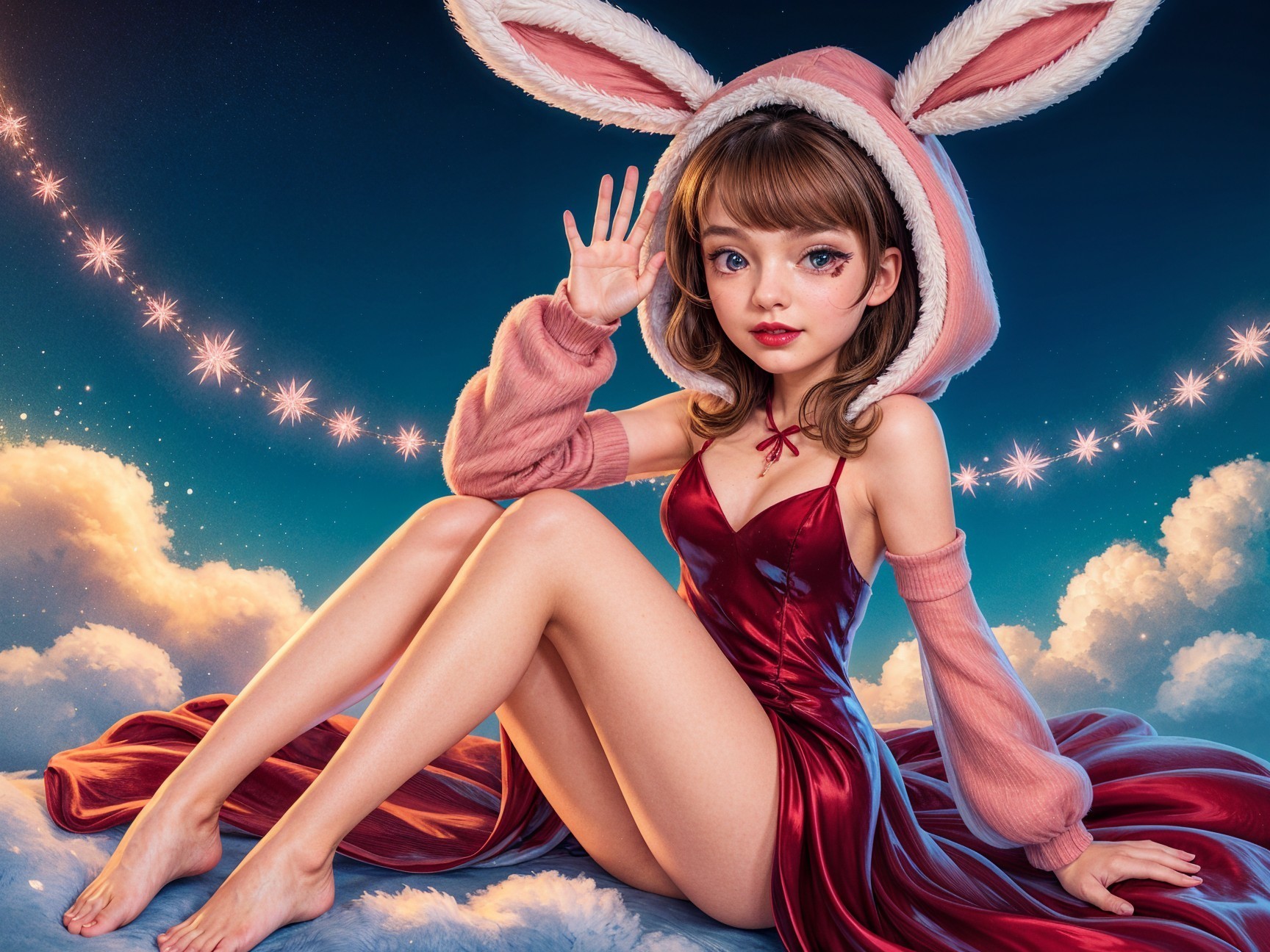 Whimsical Character in Bunny Hoodie Against Dreamy Clouds